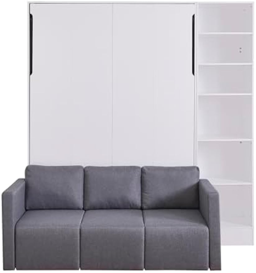 White Full Size Murphy Bed Wall Bed with Sofa & Shelves – Space-Saving, Convertible, Modern Design for Bedrooms – Includes 1 Shelf for Storage (1 Shelves)