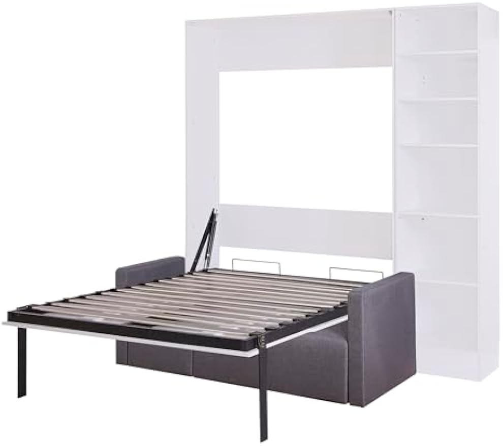 White Full Size Murphy Bed Wall Bed with Sofa & Shelves – Space-Saving, Convertible, Modern Design for Bedrooms – Includes 1 Shelf for Storage (1 Shelves)