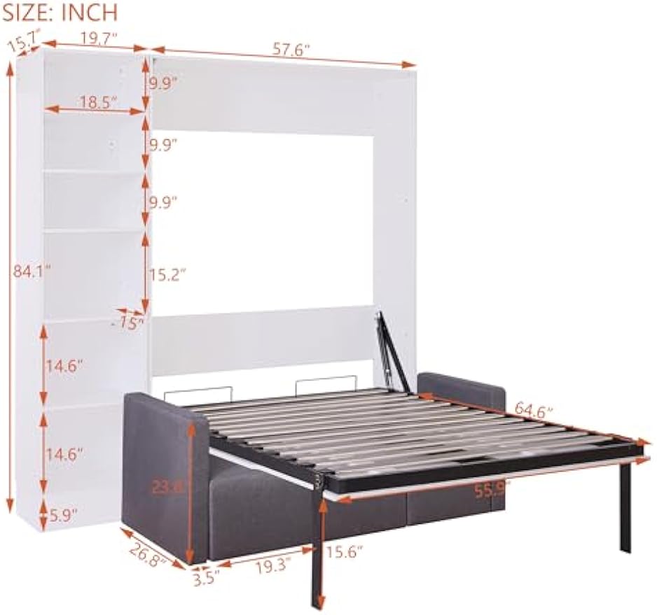 White Full Size Murphy Bed Wall Bed with Sofa & Shelves – Space-Saving, Convertible, Modern Design for Bedrooms – Includes 1 Shelf for Storage (1 Shelves)