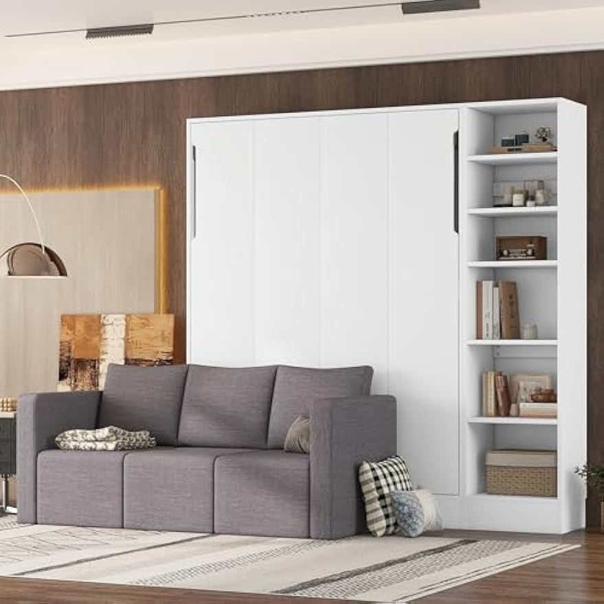 White Full Size Murphy Bed Wall Bed with Sofa & Shelves – Space-Saving, Convertible, Modern Design for Bedrooms – Includes 1 Shelf for Storage (1 Shelves)