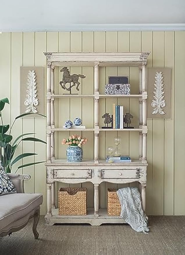 Wood Display Storage Shelf Bookcase, Distressed Finish, French Country Style, Versatile for Living Room or Office, Antique