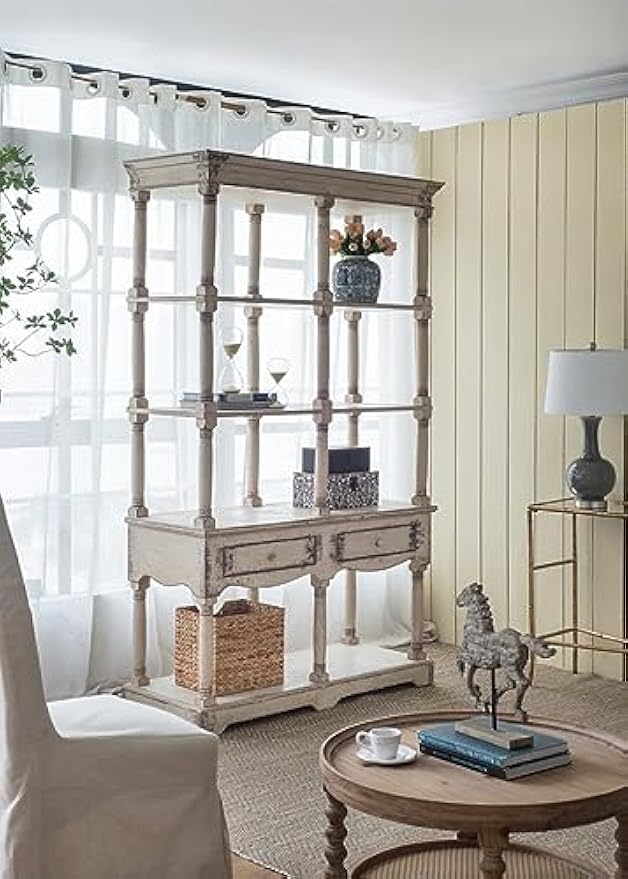 Wood Display Storage Shelf Bookcase, Distressed Finish, French Country Style, Versatile for Living Room or Office, Antique