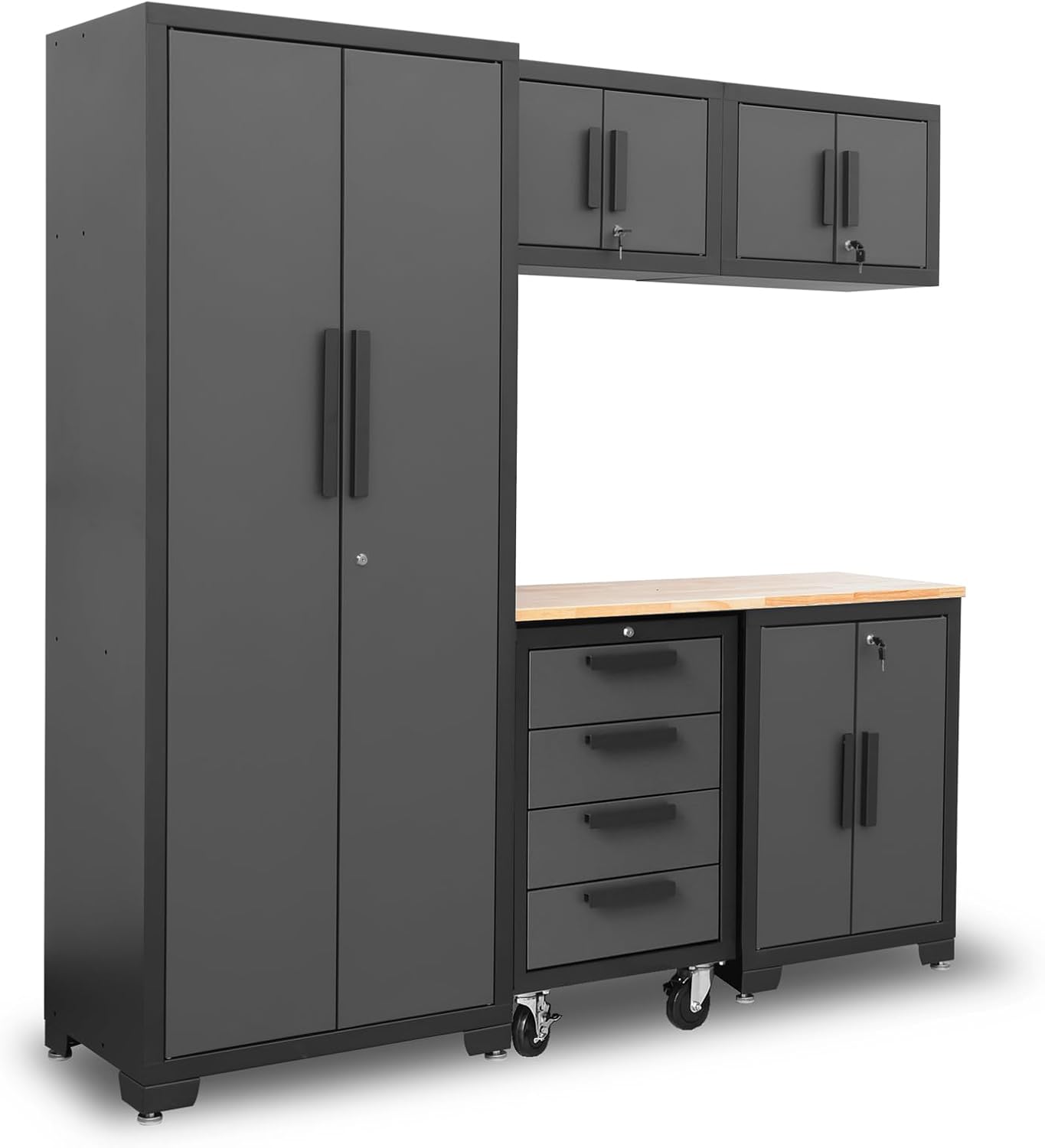 Torin Garage Storage Cabinets System, 8-Pcs Workshop Cabinet Set in Black, Included Steel Cabinets Drawers Rolling Chest and Pegboard,Locked Garage Storage Cabinet