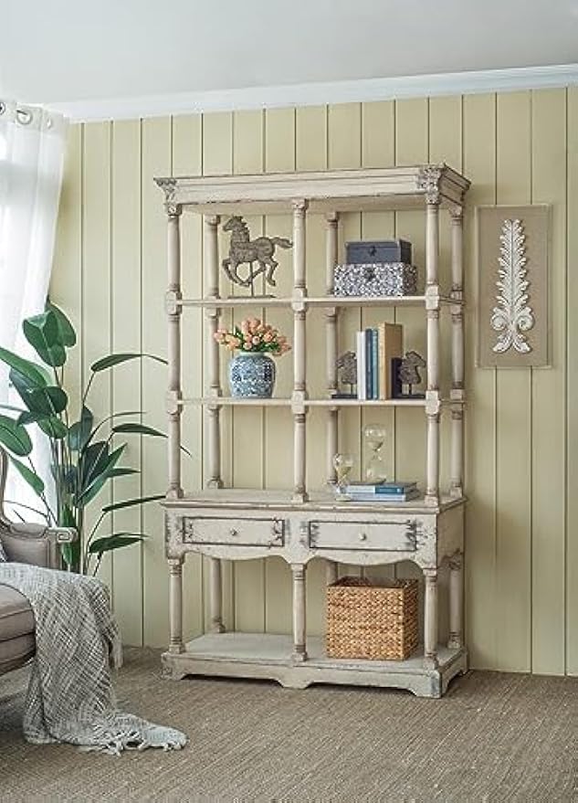 Wood Display Storage Shelf Bookcase, Distressed Finish, French Country Style, Versatile for Living Room or Office, Antique