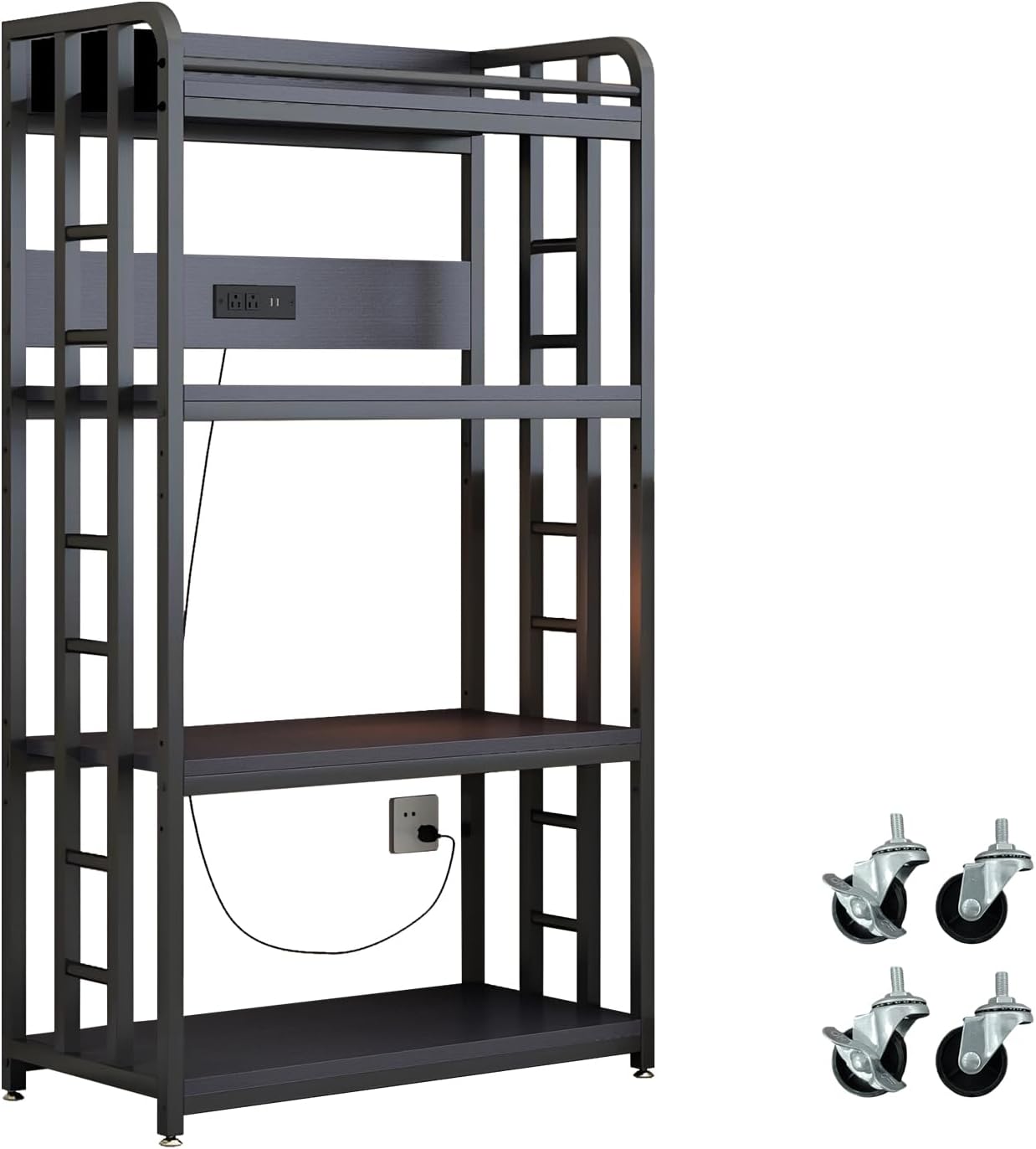 Adjustable 4-Tier Heavy Duty Kitchen Baker's Rack with Power Outlet, with Industrial Wheels, Free Standing Microwave Oven Cart Stand for Storage in Living Room, Garage, Rustic Brown