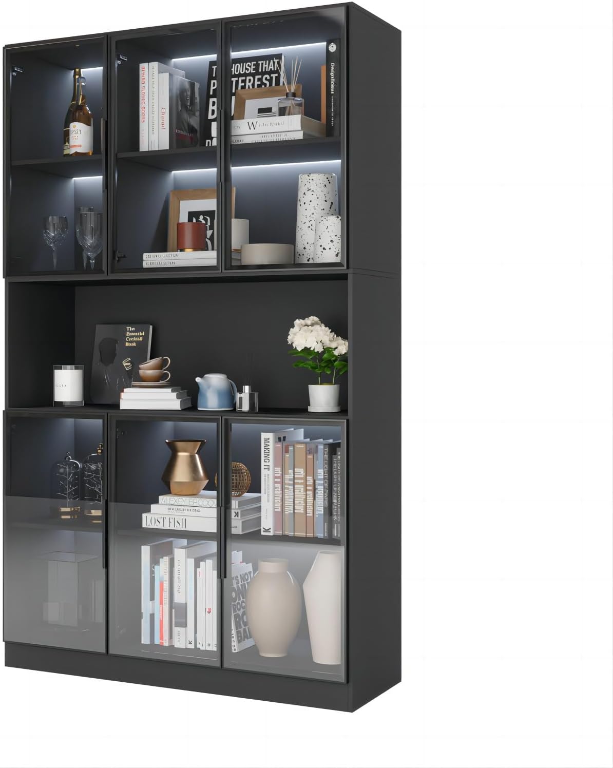 Bookcase with Glass Doors and Led Lights, Combination Display Cabinet with 19 Shelves, Modern Glass Display Case Set of 3, Black