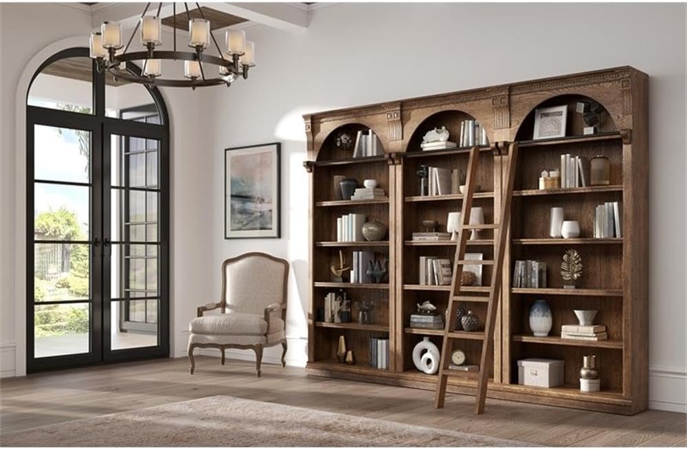 Martin Furniture Traditional 8' Tall Bookcase Wall with Ladder, Storage Organizer, Display Shelf Unit for Office, Living Room, Brown