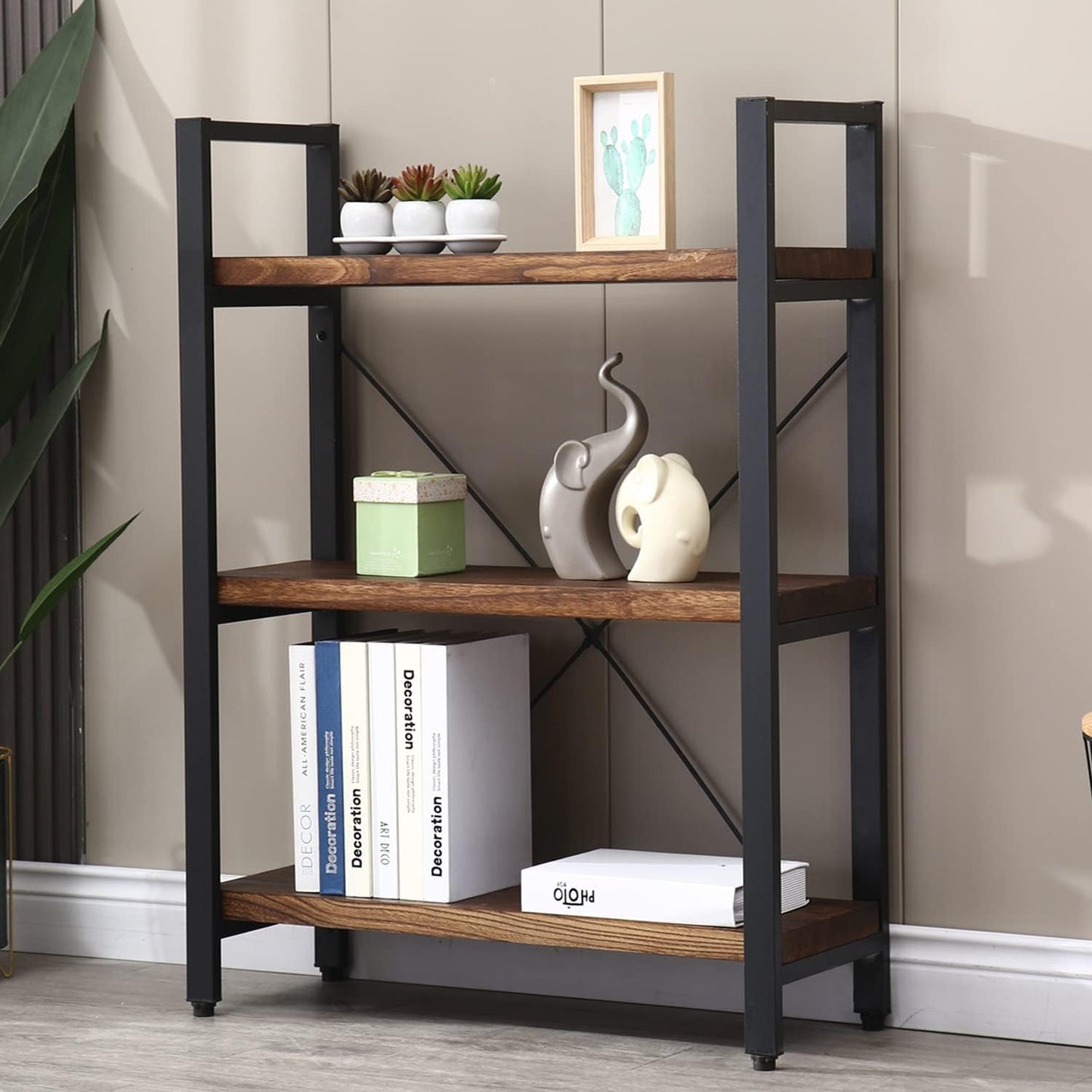 Solid Wood Bookshelf, 4-Tier Rustic Vintage Industrial Etagere Bookcase, Open Metal & Wood Vintage Book Shelf, Retro Brown