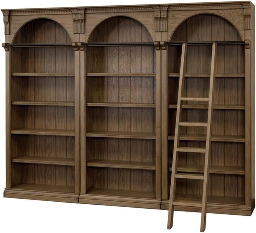 Martin Furniture Traditional 8' Tall Bookcase Wall with Ladder, Storage Organizer, Display Shelf Unit for Office, Living Room, Brown