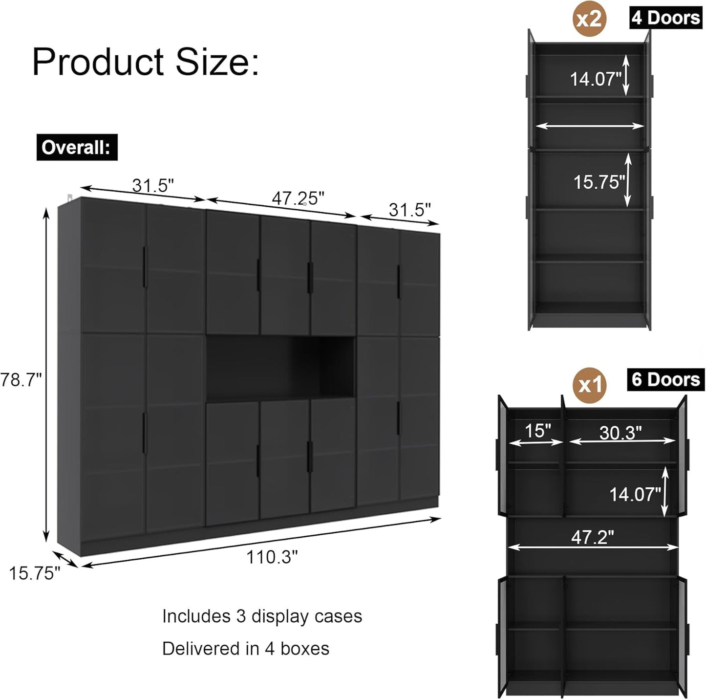 Bookcase with Glass Doors and Led Lights, Combination Display Cabinet with 19 Shelves, Modern Glass Display Case Set of 3, Black