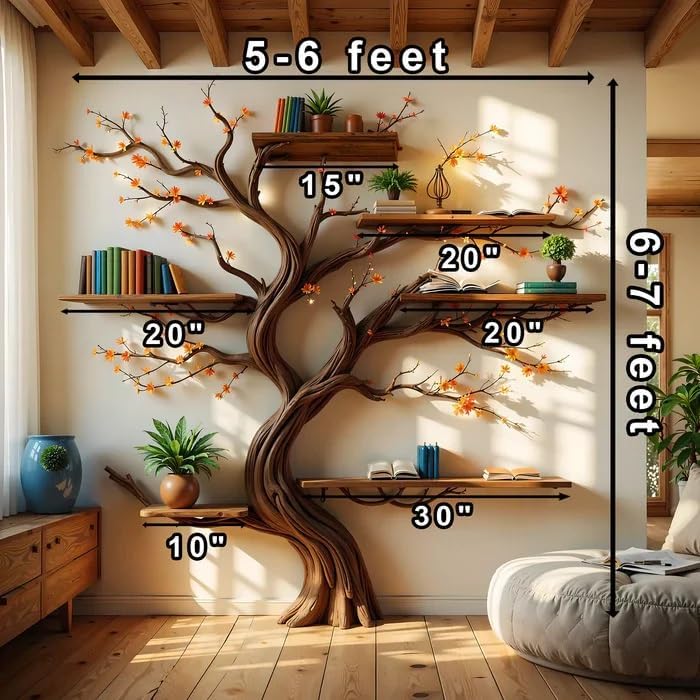 Tree Branch Wall Mounted Bookshelf, Decorative 6-Shelf Storage Unit, 6 ft x 7 ft, Brown