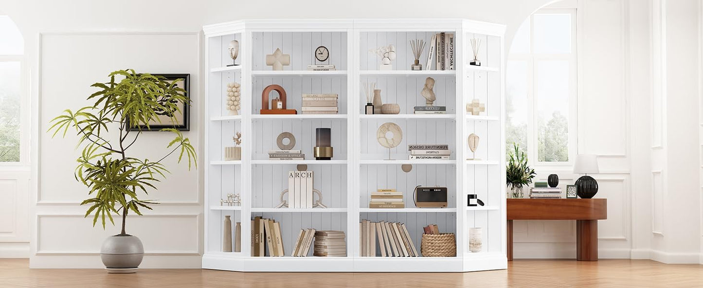83.4" Tall Two Wood Bookcase with Two Corner Shelf Suite,5 Tier Home Decor Bookshelves Suite with Adjustable Storage Shelves,Free Standing Storage Shelves Suite for Living Room,Home Office,White