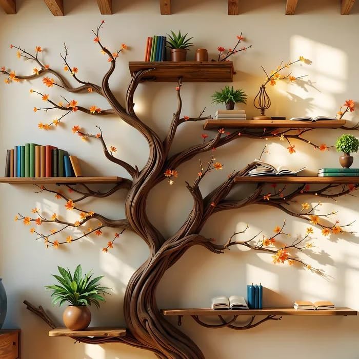 Tree Branch Wall Mounted Bookshelf, Decorative 6-Shelf Storage Unit, 6 ft x 7 ft, Brown