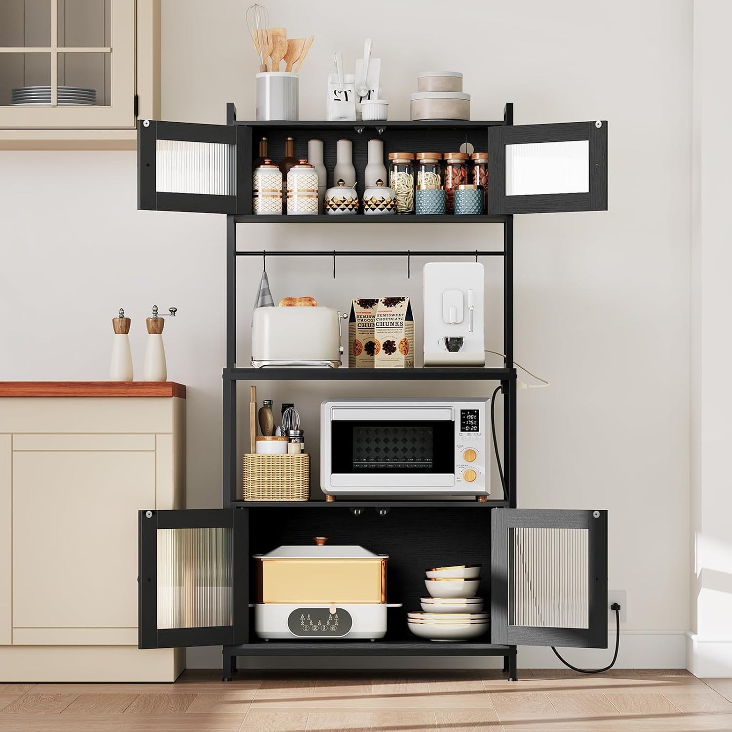 HOOBRO Bakers Rack with Storage Cabinet, 5-Tier Coffee Bar with Power Outlet and LED Lights, Industrial Microwave Oven Stand with Shelves, Kitchen Storage Shelf with Cabinet, Black BB13UDHB01