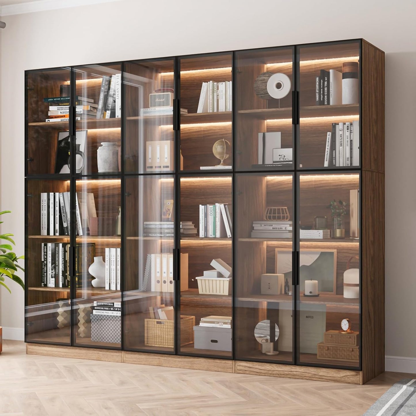 Bookcase with Glass Doors and Led Lights, Combination Display Cabinet with 19 Shelves, Modern Glass Display Case Set of 3, Black