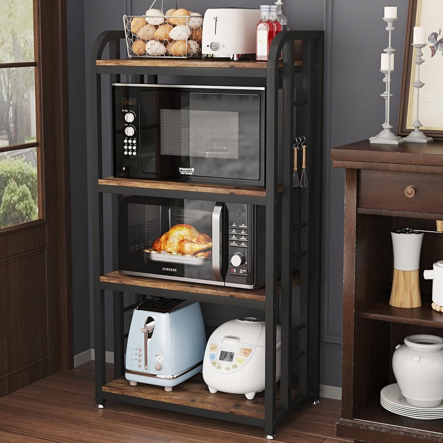 Microwave Oven Stand with Storage 4 Tiers, Free Standing Microwave Oven Stand Coffee Bar Adjustable Kitchen Shelves Kitchen Storage Shelf Rack for Spices, Pots(Brown)