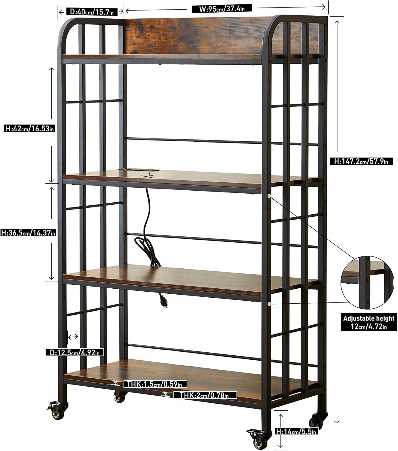 Microwave Stand with Storage,4 Tiers Microwave Cart,Adjustable Bakers Rack with Power Outlet,Kitchen Baker's Rack with Industrial Wheels Suitable for Living Room,Dining Room,Brown, 37.4*15.7*57.9