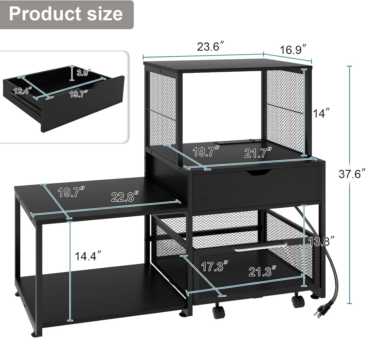 PUNCIA Mini Fridge Stand with Storage, Coffee Bar Cabinet with Power Outlet and Drawer — Beverage Refrigerator Table, Microwave Oven Stand with Rolling Basket for Home, Dorm, Apartment, Office