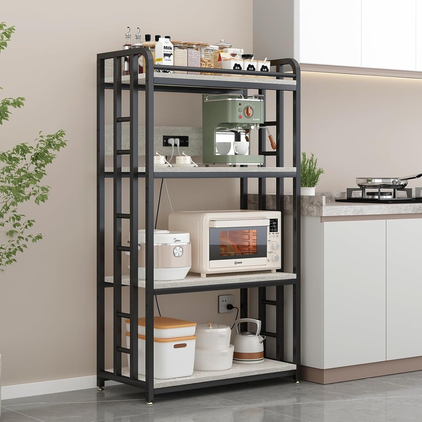 Adjustable 4-Tier Heavy Duty Kitchen Baker's Rack with Power Outlet, with Industrial Wheels, Free Standing Microwave Oven Cart Stand for Storage in Living Room, Garage, Rustic Brown