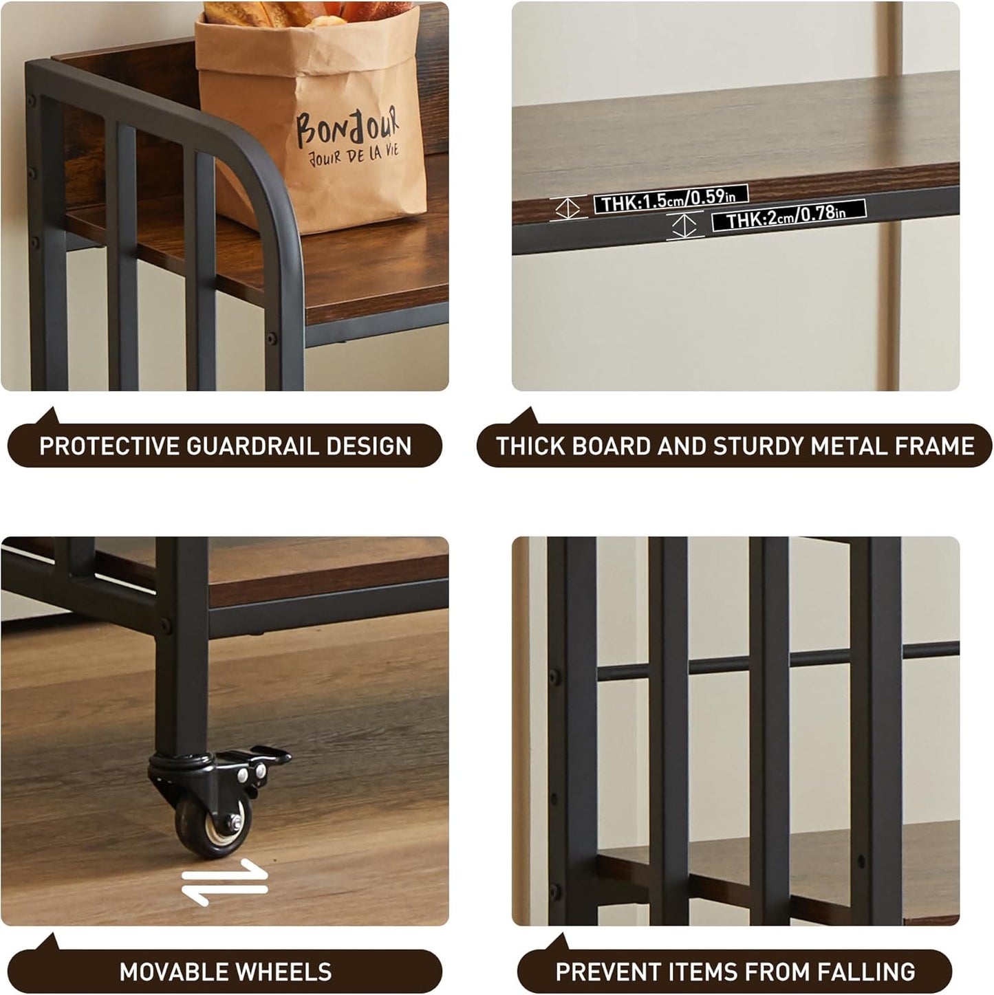 Microwave Stand with Storage,4 Tiers Microwave Cart,Adjustable Bakers Rack with Power Outlet,Kitchen Baker's Rack with Industrial Wheels Suitable for Living Room,Dining Room,Brown, 37.4*15.7*57.9