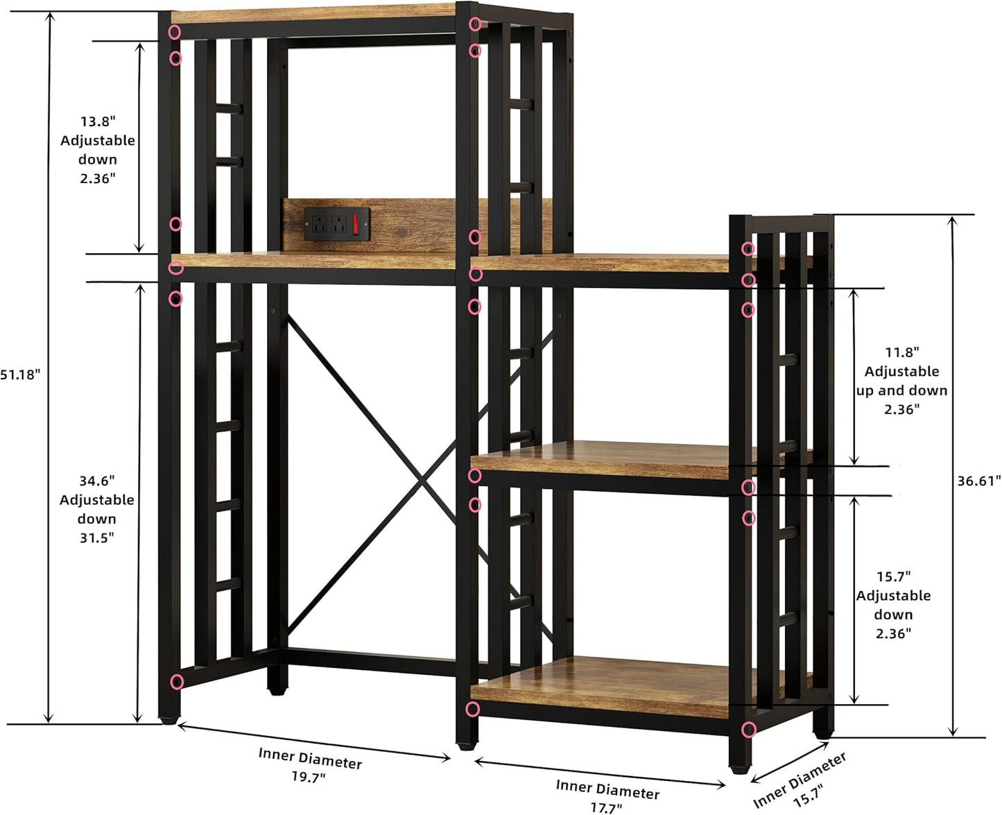 6-Tier Kitchen Baker's Rack with Power Outlet, Microwave Oven Stand with Storage Suitable for Kitchen Living Room Office Storage Shelf, Mini Fridge Stand Shelves for Spices, Pots and Pans. (Brown)