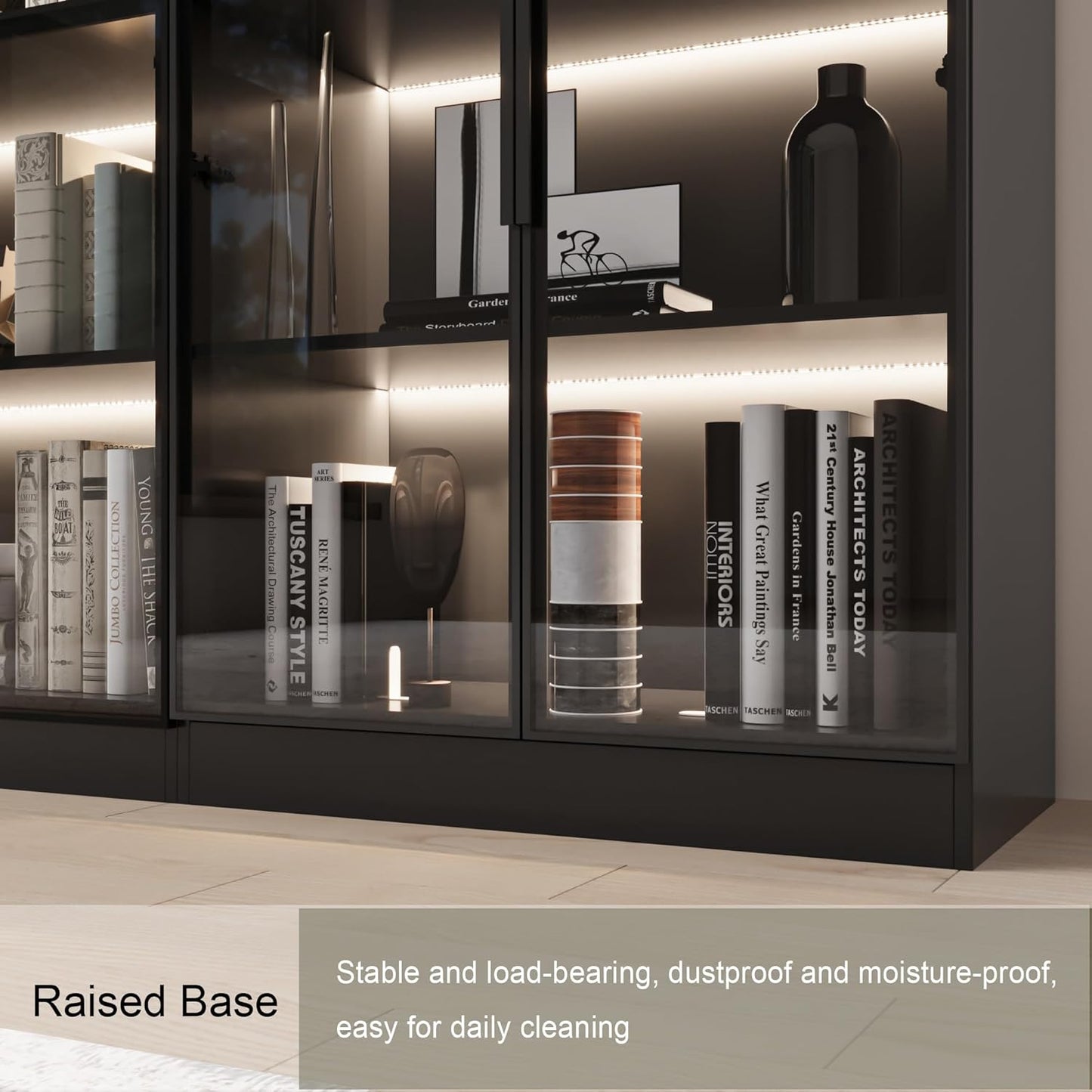 Bookcase with Glass Doors and Led Lights, Combination Display Cabinet with 19 Shelves, Modern Glass Display Case Set of 3, Black