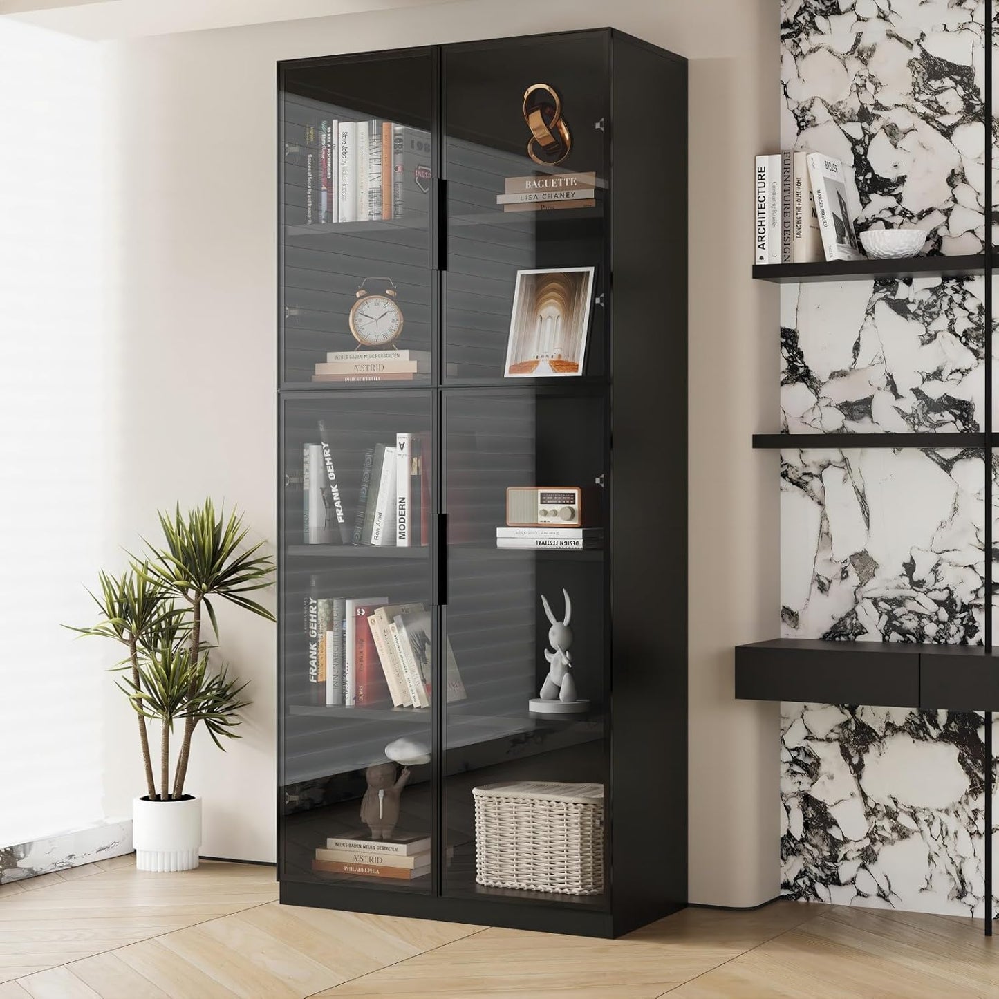 Bookcase with Glass Doors and Led Lights, Combination Display Cabinet with 19 Shelves, Modern Glass Display Case Set of 3, Black