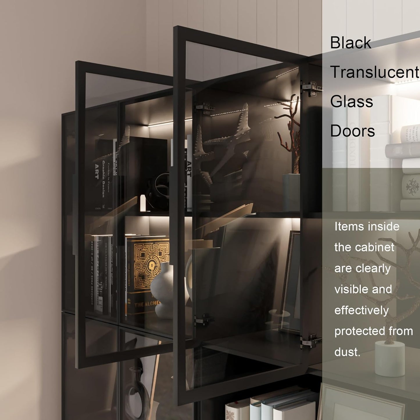 Bookcase with Glass Doors and Led Lights, Combination Display Cabinet with 19 Shelves, Modern Glass Display Case Set of 3, Black