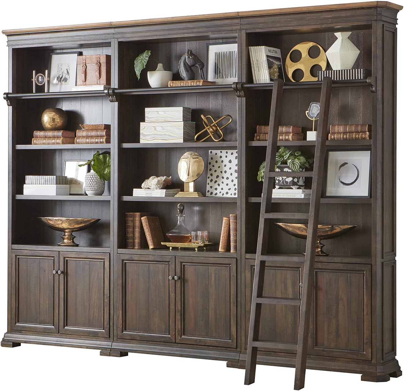 Martin Furniture Bookcase Wall with Wood Ladder, Brown, IMSA4094-KIT