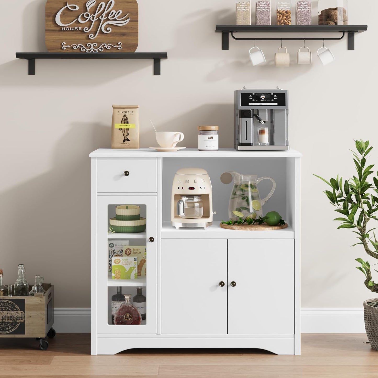 HORSTORS Microwave Cabinet, Kitchen Storage Cabinet with 3 Doors and 1 Drawer, Buffet Sideboard with Adjustable Shelves, Microwave Stand for Kitchen, Dining Room, White