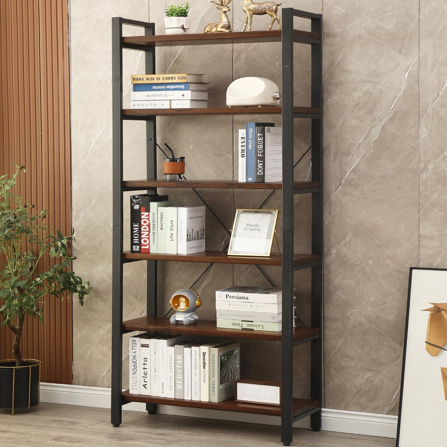 Solid Wood Bookshelf, 4-Tier Rustic Vintage Industrial Etagere Bookcase, Open Metal & Wood Vintage Book Shelf, Retro Brown