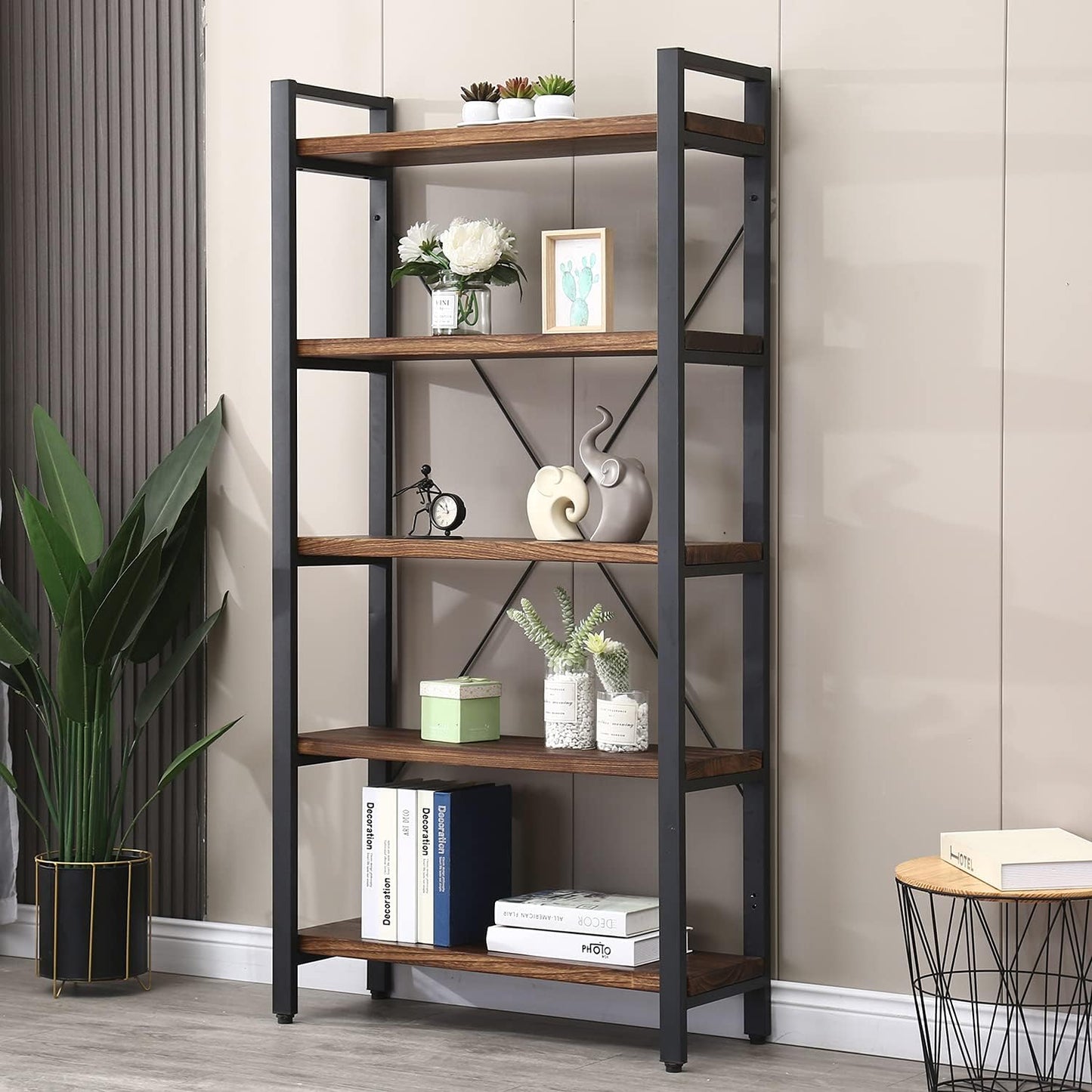 Solid Wood Bookshelf, 4-Tier Rustic Vintage Industrial Etagere Bookcase, Open Metal & Wood Vintage Book Shelf, Retro Brown