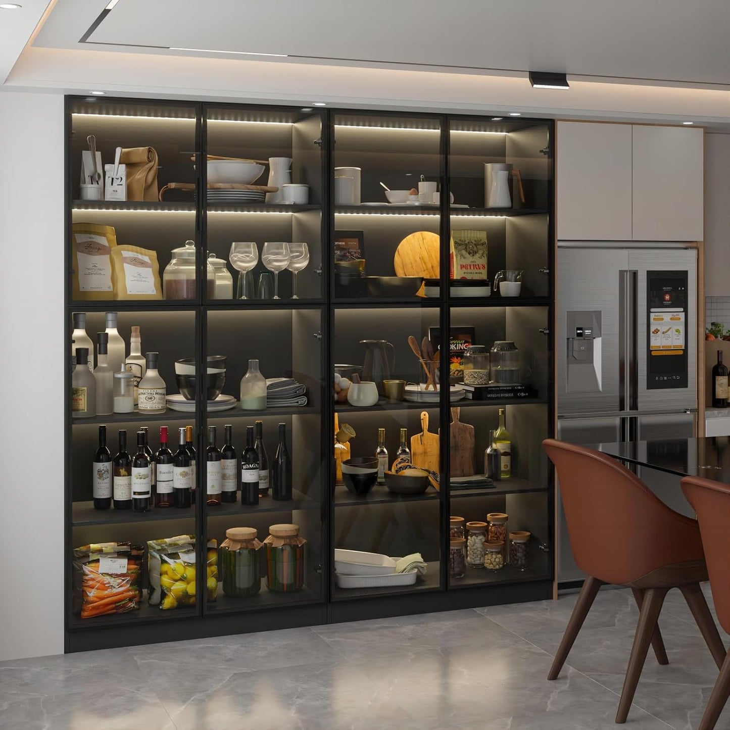 Bookcase with Glass Doors and Led Lights, Combination Display Cabinet with 19 Shelves, Modern Glass Display Case Set of 3, Black