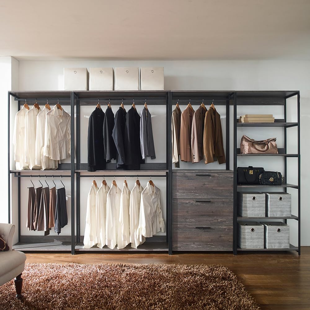 Maximize Space with Freestanding 4 Tower Wood Closet System, 8 Shelves for Organized Storage, Contemporary Style, Brown