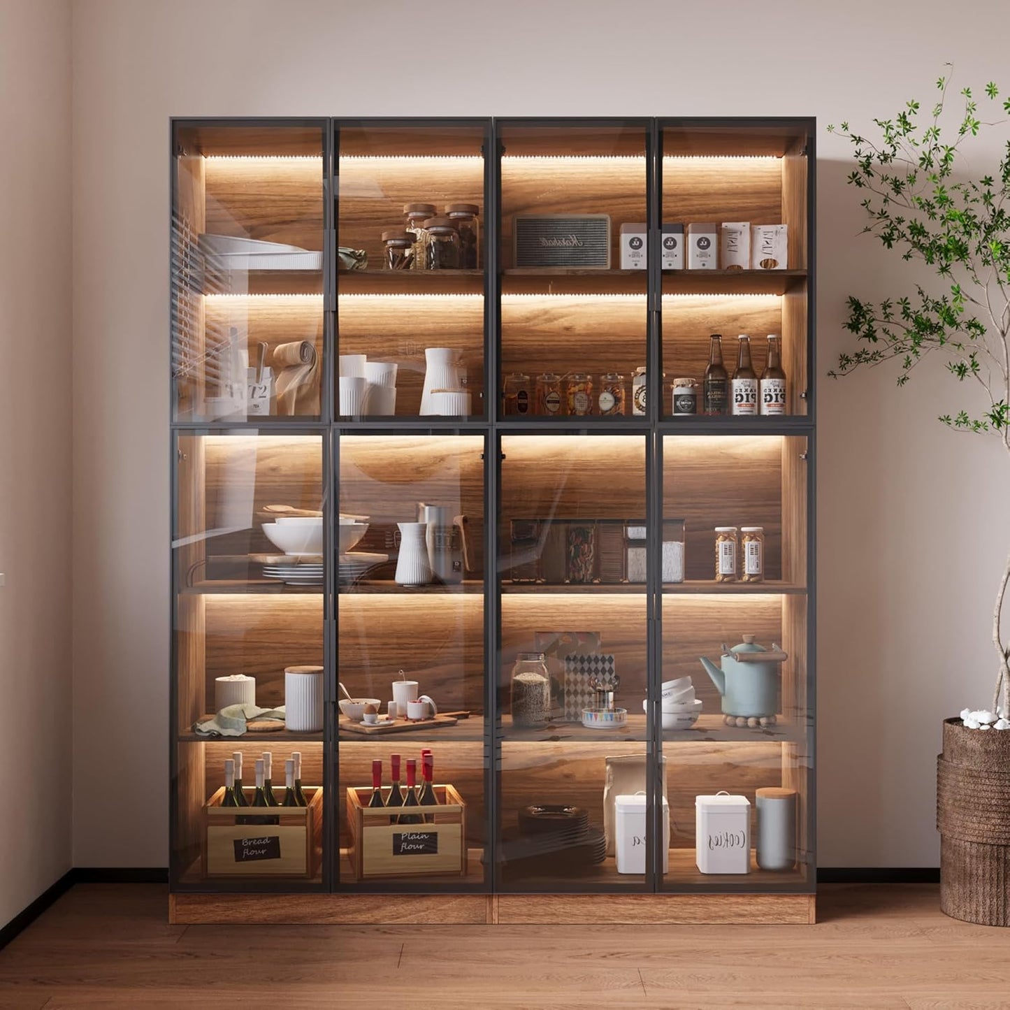 Bookcase with Glass Doors and Led Lights, Combination Display Cabinet with 19 Shelves, Modern Glass Display Case Set of 3, Black