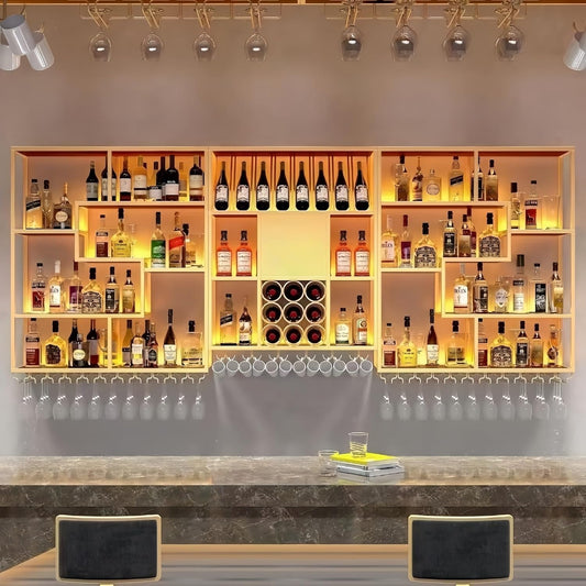 118 Inch Wall-Mounted Wine Rack & Liquor Shelf with LED Lighting - Bar Shelves for Liquor Bottles, Floating Storage with Wine Glass Holder for Kitchen, Dining Room, or Bar Decor, Gold