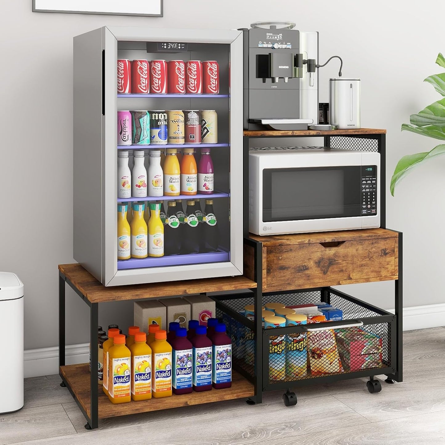 PUNCIA Mini Fridge Stand with Storage, Coffee Bar Cabinet with Power Outlet and Drawer — Beverage Refrigerator Table, Microwave Oven Stand with Rolling Basket for Home, Dorm, Apartment, Office