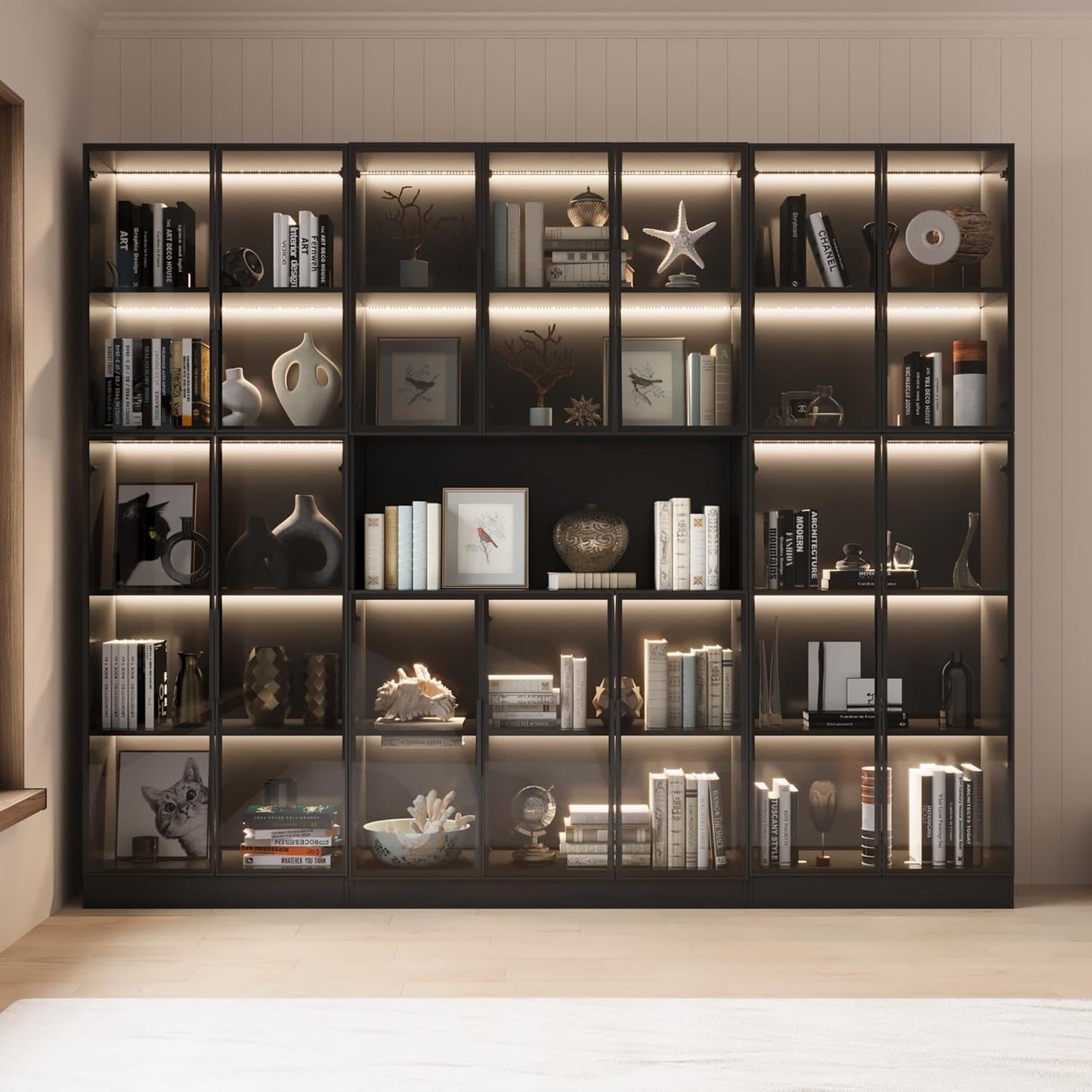 Bookcase with Glass Doors and Led Lights, Combination Display Cabinet with 19 Shelves, Modern Glass Display Case Set of 3, Black