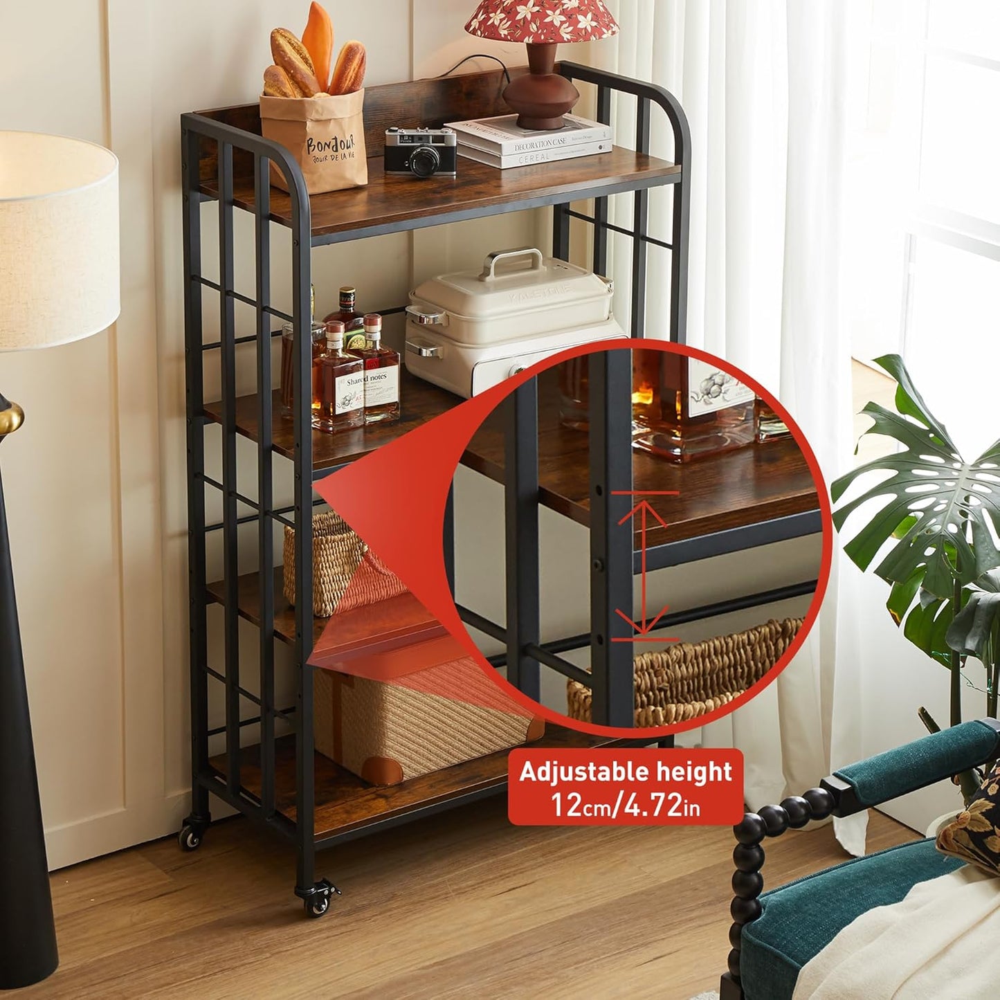 Microwave Stand with Storage,4 Tiers Microwave Cart,Adjustable Bakers Rack with Power Outlet,Kitchen Baker's Rack with Industrial Wheels Suitable for Living Room,Dining Room,Brown, 37.4*15.7*57.9