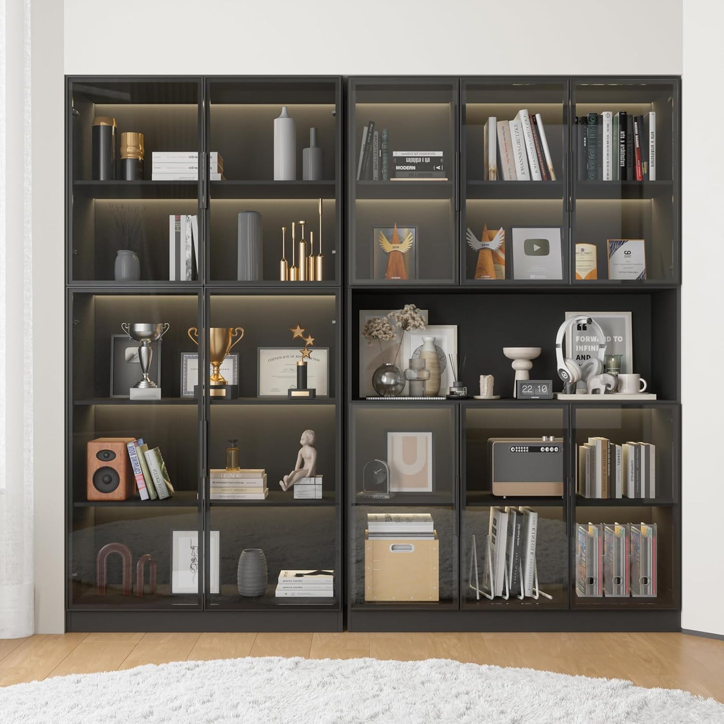 Bookcase with Glass Doors and Led Lights, Combination Display Cabinet with 19 Shelves, Modern Glass Display Case Set of 3, Black