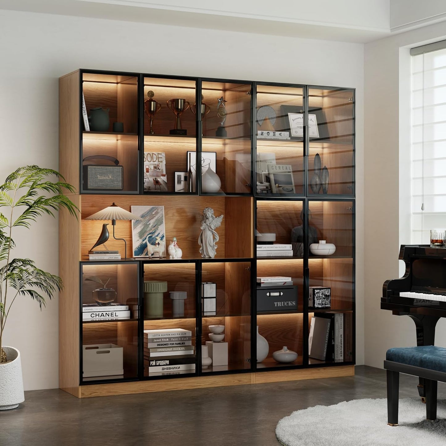 Bookcase with Glass Doors and Led Lights, Combination Display Cabinet with 19 Shelves, Modern Glass Display Case Set of 3, Black