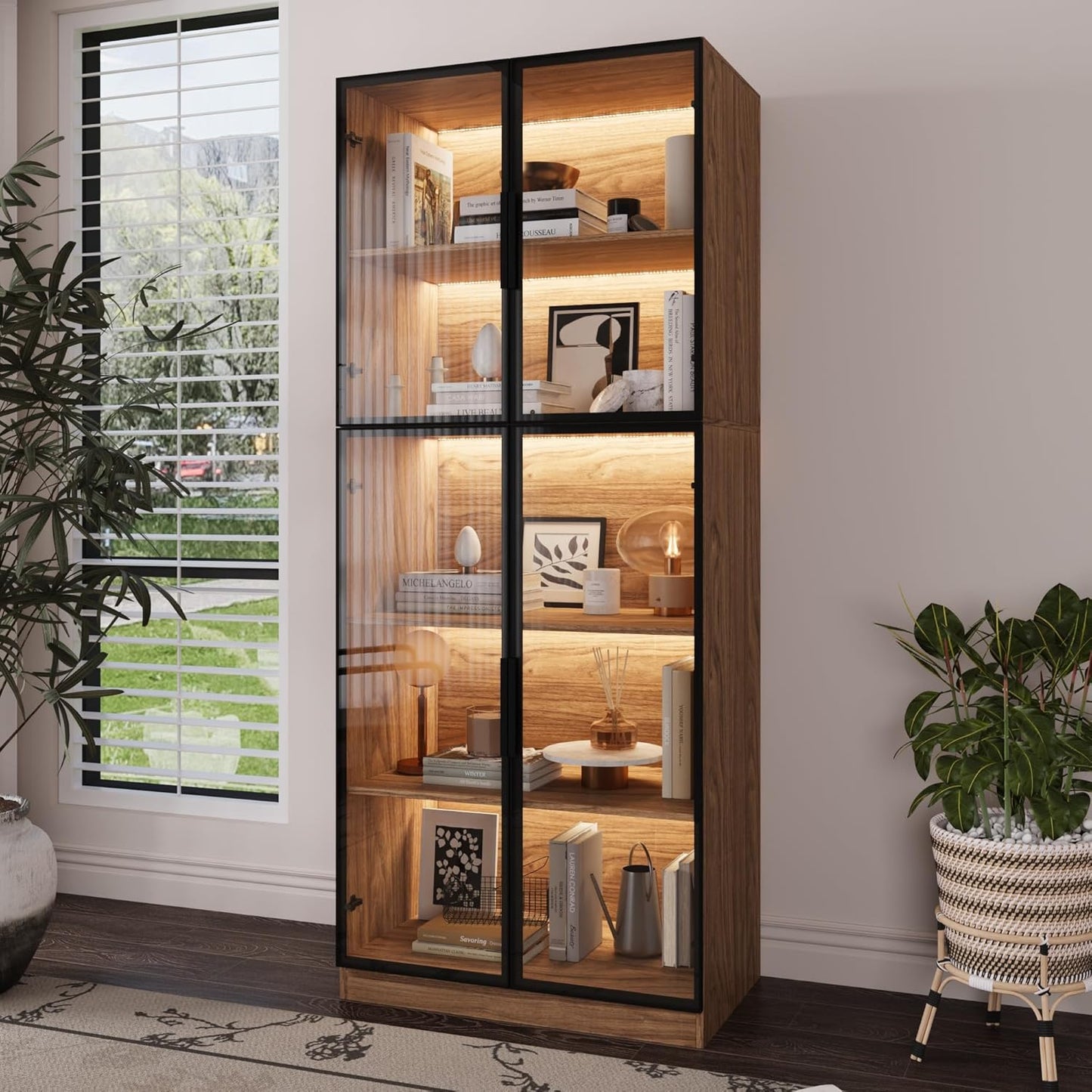 Bookcase with Glass Doors and Led Lights, Combination Display Cabinet with 19 Shelves, Modern Glass Display Case Set of 3, Black