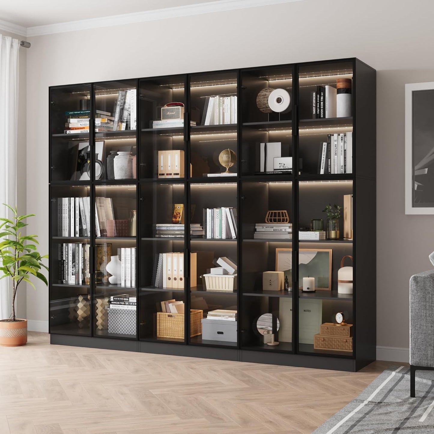 Bookcase with Glass Doors and Led Lights, Combination Display Cabinet with 19 Shelves, Modern Glass Display Case Set of 3, Black
