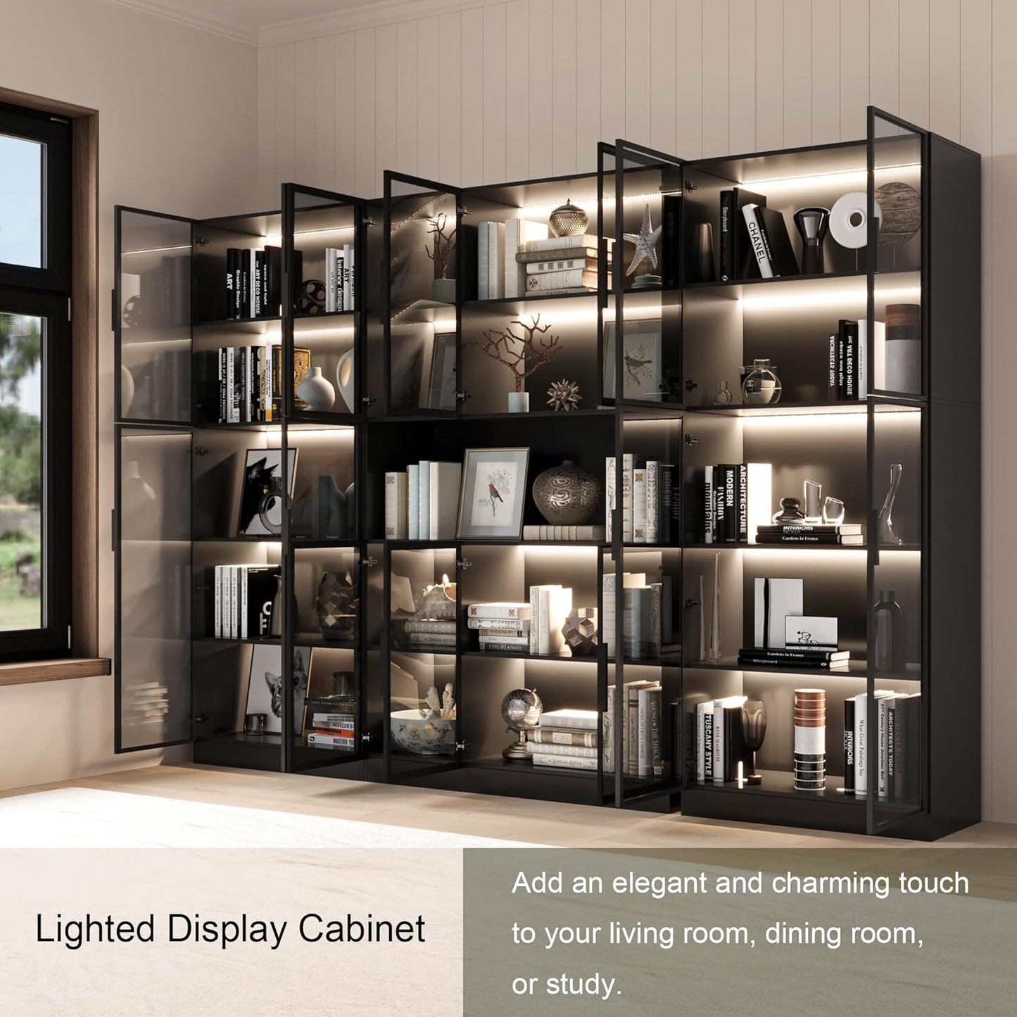 Bookcase with Glass Doors and Led Lights, Combination Display Cabinet with 19 Shelves, Modern Glass Display Case Set of 3, Black