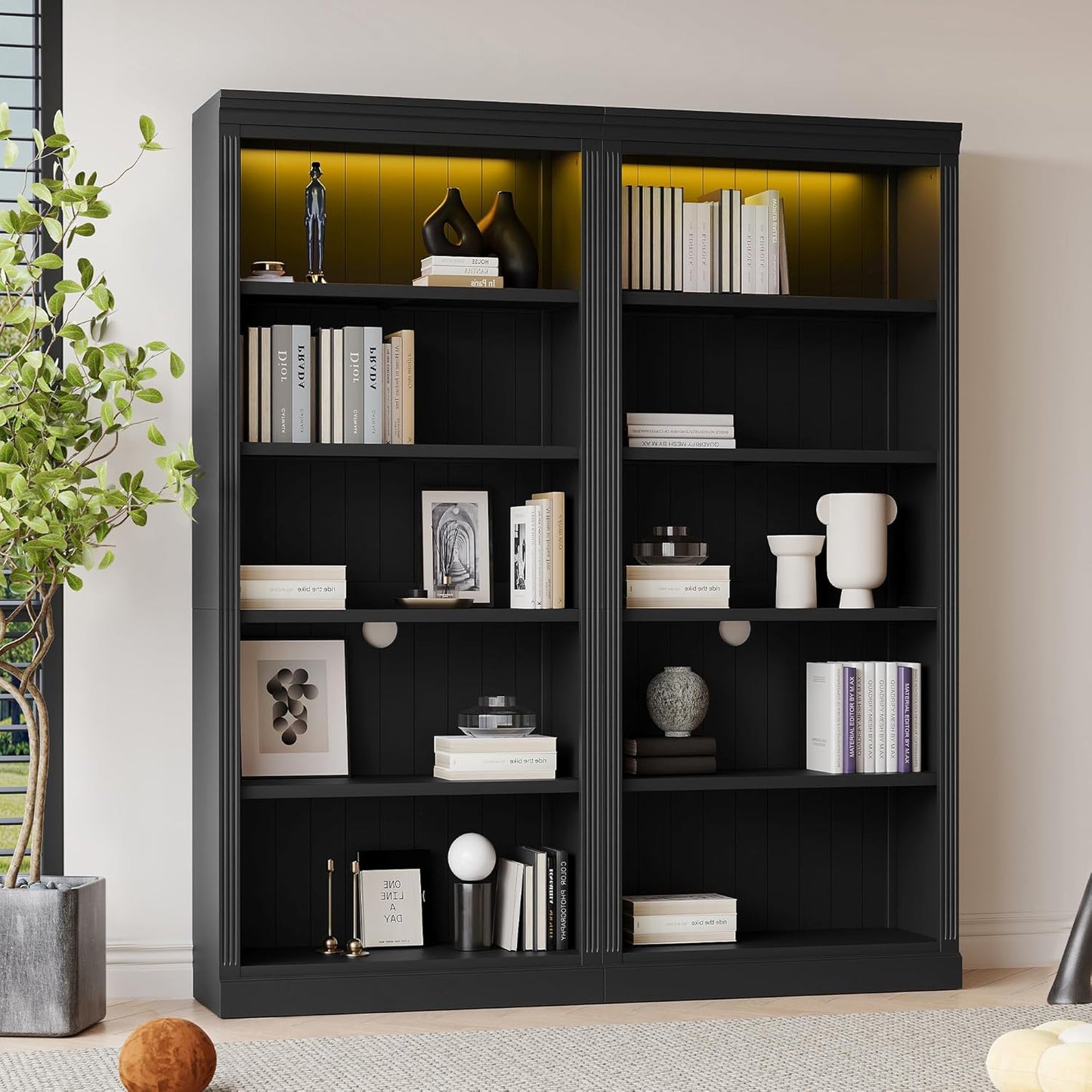 83" Tall Wood Bookcase Suite with Light Strip,5 Tier Home Decor Bookcase Suite with Adjustable Shelves,Storage Organizer,Free Standing Storage Shelves Suite for Living Room,Home Office,Black
