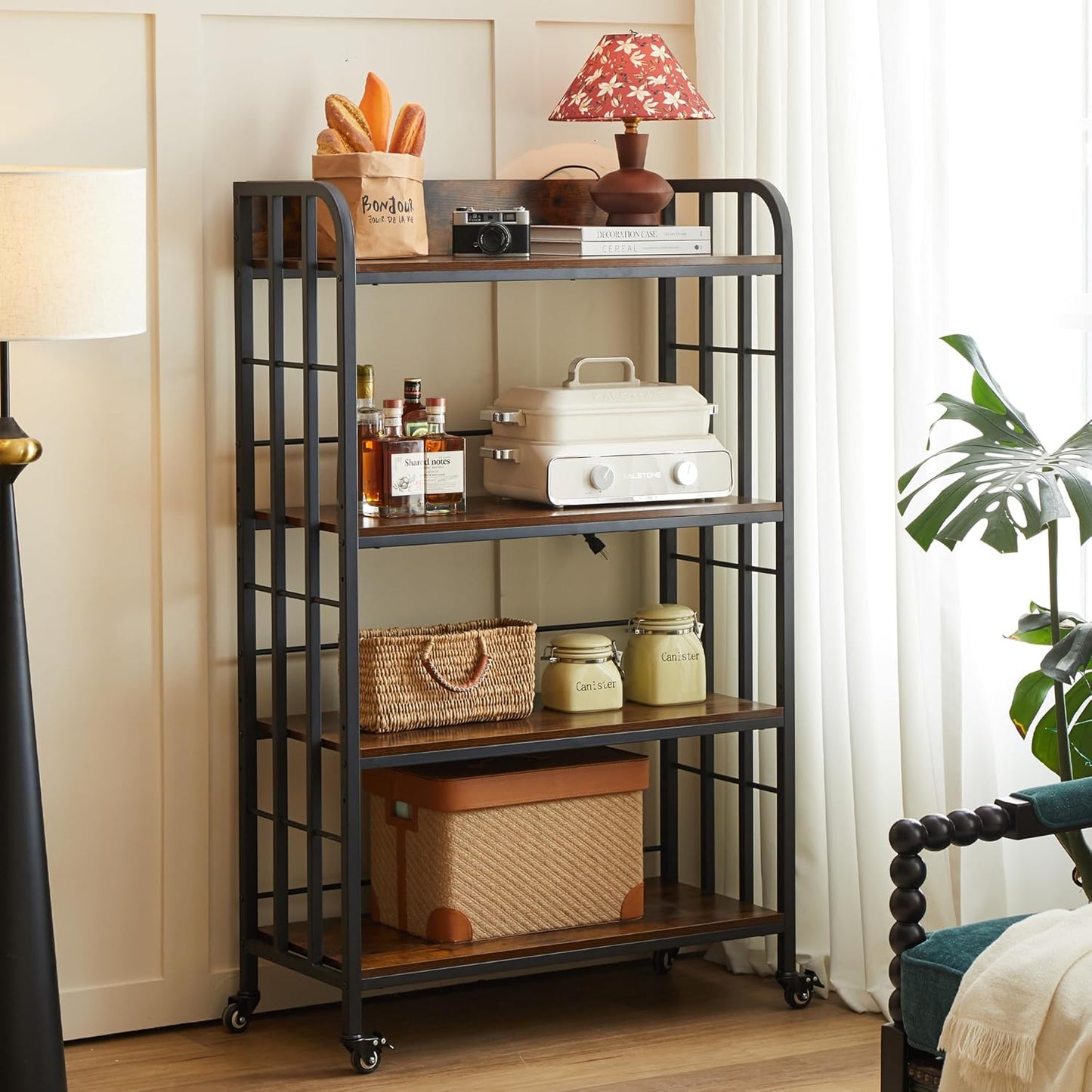 Microwave Stand with Storage,4 Tiers Microwave Cart,Adjustable Bakers Rack with Power Outlet,Kitchen Baker's Rack with Industrial Wheels Suitable for Living Room,Dining Room,Brown, 37.4*15.7*57.9