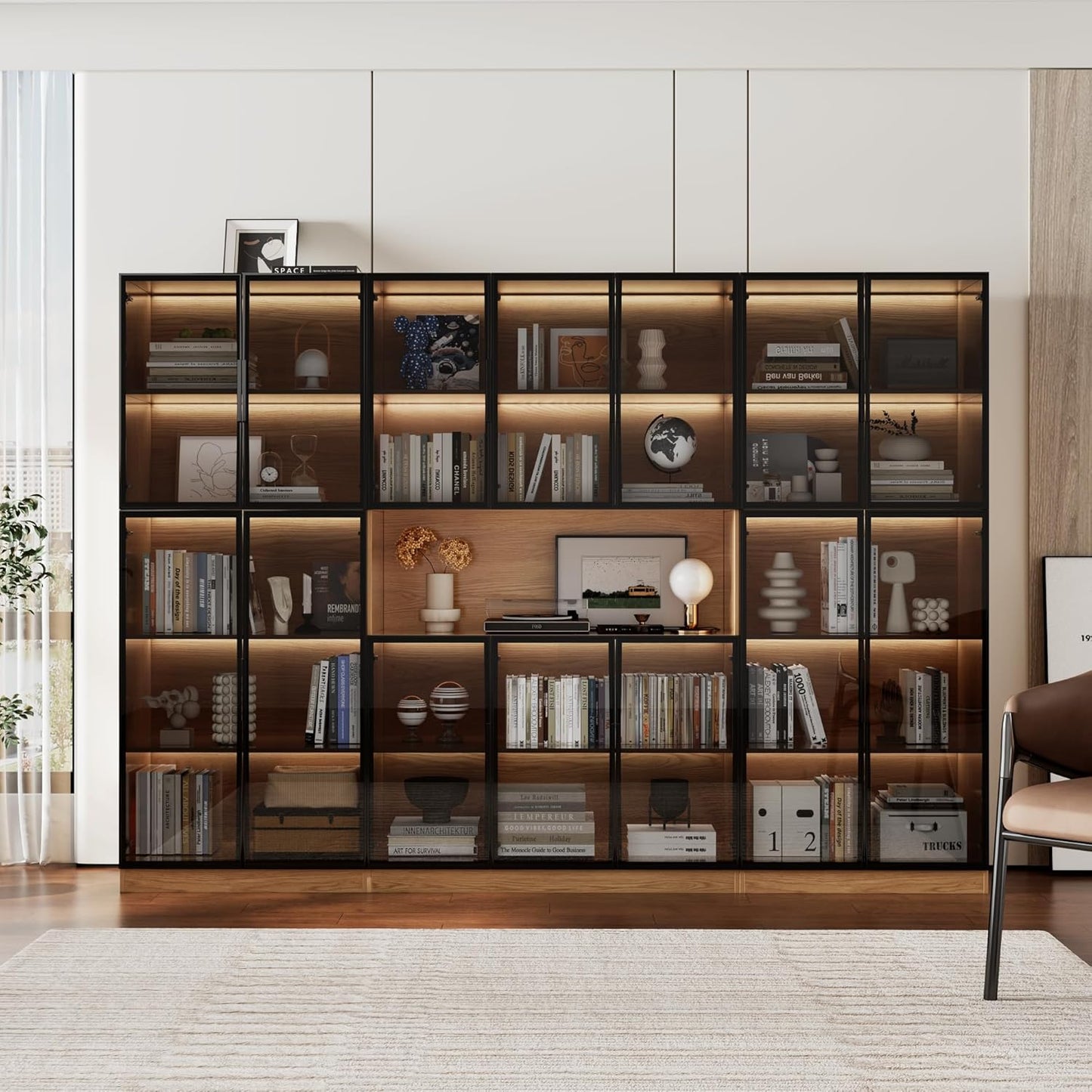 Bookcase with Glass Doors and Led Lights, Combination Display Cabinet with 19 Shelves, Modern Glass Display Case Set of 3, Black