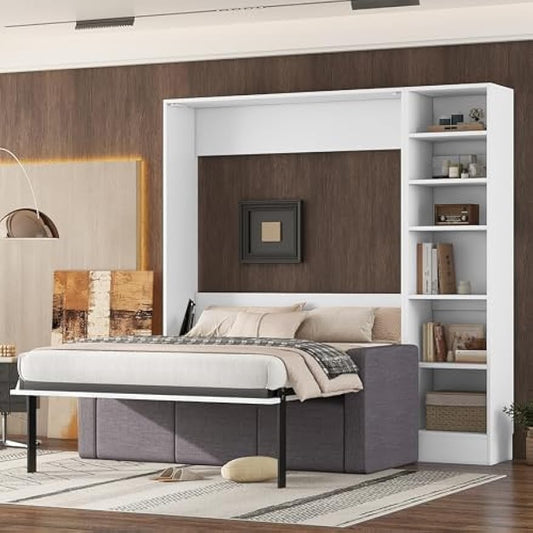 White Full Size Murphy Bed Wall Bed with Sofa & Shelves – Space-Saving, Convertible, Modern Design for Bedrooms – Includes 1 Shelf for Storage (1 Shelves)