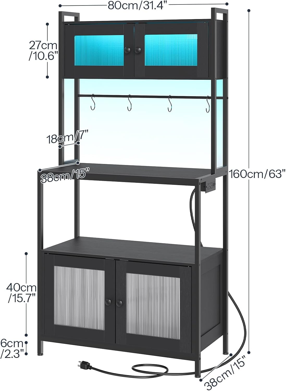 HOOBRO Bakers Rack with Storage Cabinet, 5-Tier Coffee Bar with Power Outlet and LED Lights, Industrial Microwave Oven Stand with Shelves, Kitchen Storage Shelf with Cabinet, Black BB13UDHB01