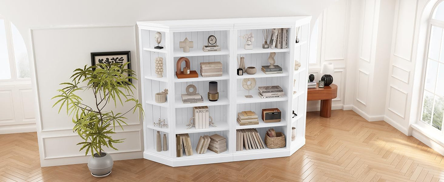 83.4" Tall Two Wood Bookcase with Two Corner Shelf Suite,5 Tier Home Decor Bookshelves Suite with Adjustable Storage Shelves,Free Standing Storage Shelves Suite for Living Room,Home Office,White